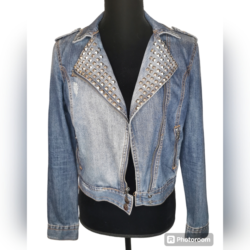 Liquid X Studded Distressed Moto Denim Jacket - Sm